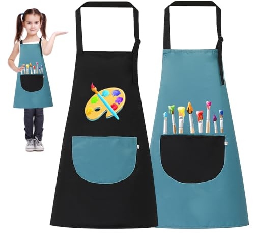 LXYYDS 2 Stück Malschürze Kinder, Malkittel Kinder für 6-12 Jahre Mädchen Junge, Wasserdicht Malkittel Bastelschürze Verstellbare,Schürze Kinder Schule mit Taschen, für Kunst Malerei Kochen