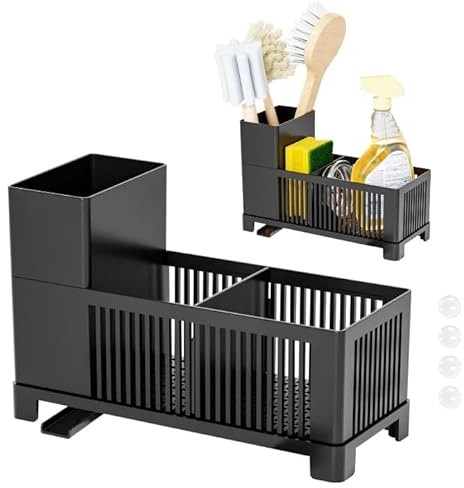 jinminamz Diskbänksorganisatör kök, handfat, caddy kitchen organisator, plastdiskbänksorganisatör med automatisk droppbricka för kökstillbehör svamp/borst/tvålskål