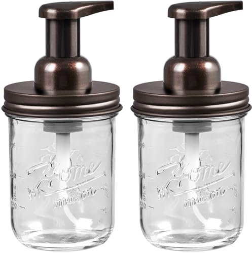 SheeChung Mason Jar Foaming Soap Dispenser, Glass Foaming Hand Soap Dispensers, Stainless Steel Lid, Refillable Foam Soap Dispenser for Bathroom Kitchen, Farmhouse Bathroom Decor (2 Pack, Bronze)