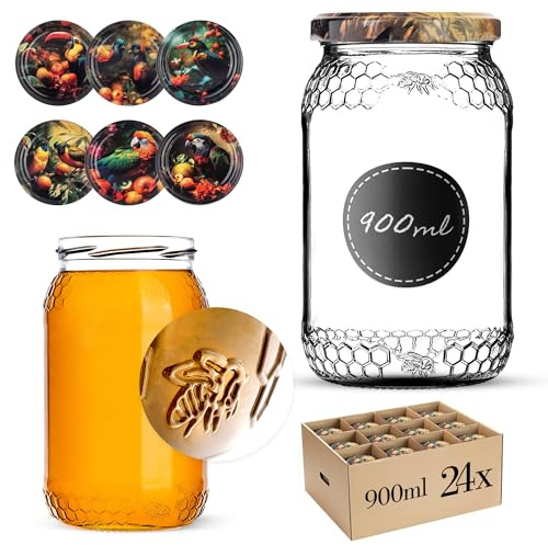 KADAX 24er Set Einmachgläser 900ml TO82 Exotische Vögel, Große Sturzgläser mit Schraubdeckel, Einkochgläser Fermentierglas für Gurken, Gemüse, Sauerteig