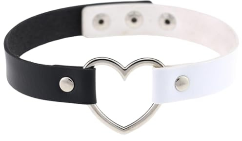 CALFOVERA Punk Rock Hollow Herz Choker Kette Damen Soft Halsband Gothic Leder Halsreif Doppelfarbige Halskette Schmuck PU Leder Choker Für Frauen Make Up Party Cosplay Dekorationen (Schwarz Und Weiß)
