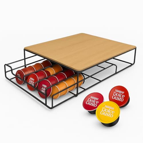 Solty - Porta Cápsulas Dolce Gusto 15 unidades – Cajón de Metal Negro con Tapa de Bambú – Organizador de Cápsulas de Café – Elegante y Compacto – 31x21x8,5 cm