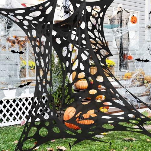 680 Sqft Zuschneidbare Dehnbares Spinnennetz Halloween Deko - Schwarz Riesiges Halloween Gruselige Spinnweben mit Fake-Spinnen und Fledermäusen für Innen Outdoor Garten Horror Party Dekoration