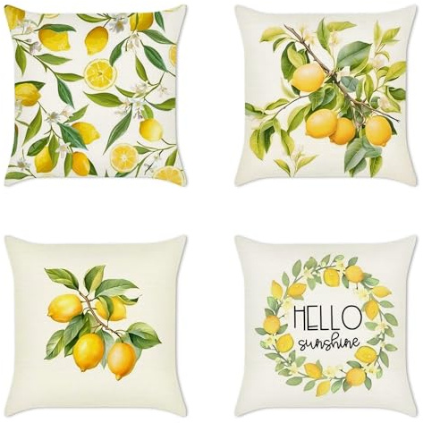 MEILIHEN Leinen Kissenbezug 40x40 Winter Gelb Zitrone Muster Kissenhülle 4er Set Dekokissen Bezug für Couch Sofa Kissen Kissenbezüge Deko Zierkissen Couchkissen Zitrone Deko Outdoor Kissenbezug