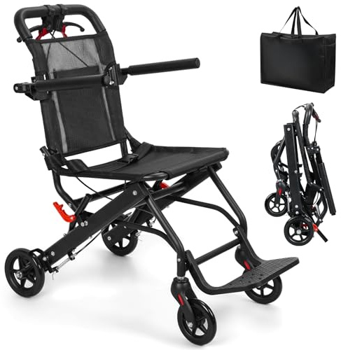 Vdeauteur pliable ultra-léger pour adultes, chaise de transport en aluminium 13 livres, capacité 286 livres et pli 1 seconde, voyage médical avec Noir