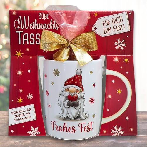 AV Andrea Verlag Süße Weihnachtstasse Kaffeetasse und Schokolade mit Geschenkverpackung - Wichtel, Frohes Fest - zu Weihnachten. Beidseitig mit Gold bedruckt