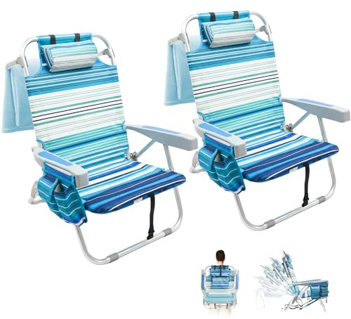 2 Pack Folding Backpack Beach Chairs for Adults, 5-Position Aluminum Lightweight Reclining Beach Chair, Low Sands Compact Chairs with Cup Holder & Headrest for Lawn Patio Poolside,Supports 300lbs