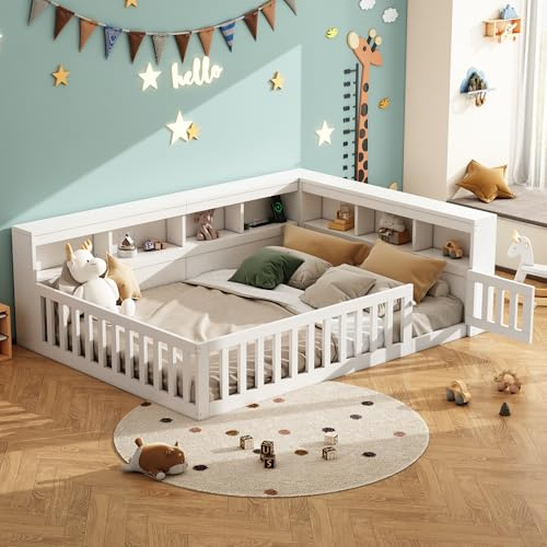 Gxffipw Kinderbett Bodenbett 140x200 cm mit USB-Anschluss und Steckdose, Doppelbett mit Rausfallschutz und Kopfteil mit Stauraum, Holzbett Bettrahmen mit Lattenrost, Weiß, Ohne Matratze