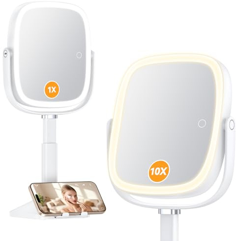 Gospire 1X/10X Lighted Magnifying Mirror with Lights, Height Adjustable Lighted Makeup Mirror with Magnification for Desk, Hidden Phone Stand, 4000mAh 3 Color Modes for Vanity - White