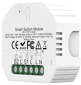 Mini interruptor inteligente WiFi + BLE+RF 3 en 1, 2 canales, 10 A, APP TUYA/Smart Life, compatible con Alexa, CA 90-250 V, 2200 W, 52 x 47 x 18 mm, IP20