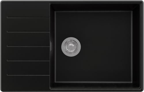 PRIMAGRAN Lavello da Cucina al Mobile 60cm + Kit di scarico, 78x50cm | Set: Kit di scarico (sifone, piletta, troppopieno) + Lavandino in Granito a 1 Vasca - Copenhagen Top, Nero