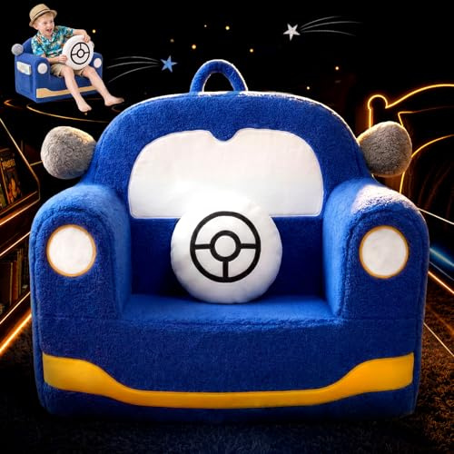 OUOZZZ Kids Chair 2–6 Years, Toddler Chair Comfy Car Sofa with Cushion Handle Book Pocket, Soft Sherpa Foam Kids Couch for Boys, Lightweight Playroom Furniture