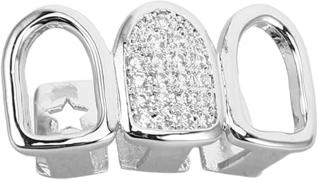 TEHAUX Hip Hop Zirkonia Zahngrill Silber Hohles Design mit Verbindungsstellen Komfortabler Rapper Zahnschmuck für Party und Cosplay
