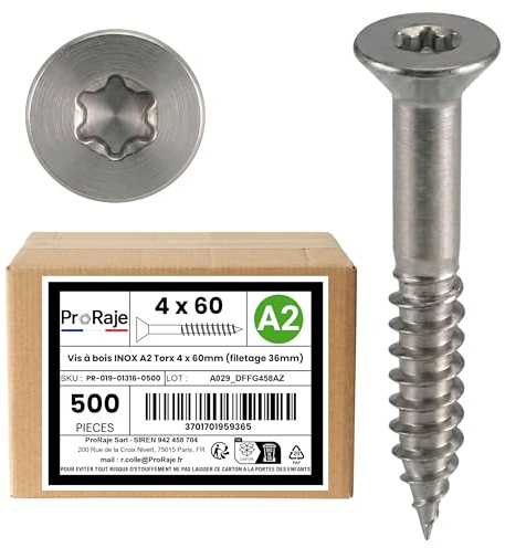 PRORAJE Vis à bois INOX A2 : 4x60 mm Tête fraisée TORX, LOT DE 500 Pcs | Filetage Partiel 36mm, Acier inoxydable A2 (V2A / AISI 304), Construction / aggloméré, 4 x 60mm , 4x60mm, 4 x 60 mm