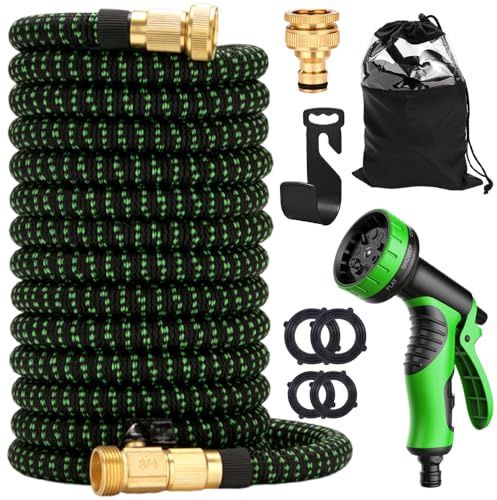 Expandable Garden Hose Pipe, 30m/100ft Expanding Hose with 10 Function Spray Gun, Flexible Hosepipes for Garden with 3/4&1/2 Solid Brass Connectors Durable Weave & No-Kink