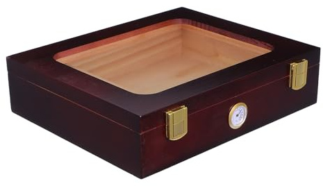 FONDOTIN Humidificador de Madera con Higrómetro y Ventana de Vidrio Transparente, Caja de Humidificación Portátil para Cigarros, Diseño Abatible, Compacta y Decorativa para Viajes