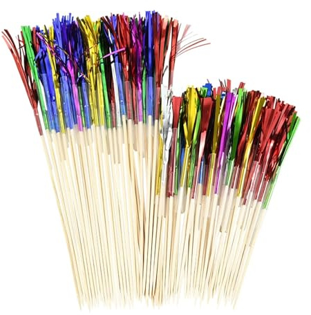 Firework Toothpicks 300pcs Colorful Tassel Firework Cake Toppers Disposable Fruit Dessert Sticks Cocktail Wooden Skewer Wedding Birthday Table Decors(Large)