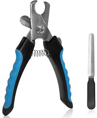 AMFUN Profi Krallenschere für Hunde und Katzen, Edelstahl Krallenzange mit Nagelfeile, Krallenschneider mit Sicherheitsschutz(Blau-Schwarz)