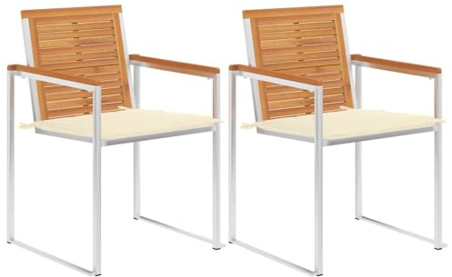 Fecpoo Trädgårdsstolar, set om 2 med stoppning – massivt akaciaträ, oljefinish, krämvit, 60 x 56 x 85 cm, för mat och avkoppling