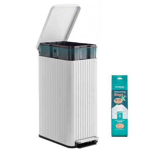 SONGMICS Kitchen Bin with Pedal, 13 Gallon (50 L) Slim Waste Bin with Soft-Close Lid, Removable Inner Bucket, Steel, 15 Rubbish Bags Included, Space-Saving, Cloud White LTB350WZ02