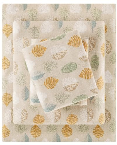 True North by Sleep Philosophy Cozy Flannel Warm 100% Cotton Sheet - Novelty Print Animals Stars Cute Ultra Soft Cold Weather Bedding Set, King, Multi Leaves 4 Piece