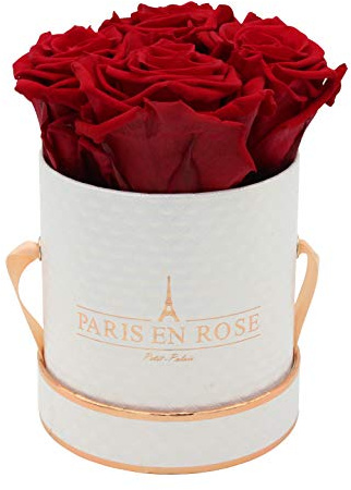 PARIS EN ROSE Rosenbox DELUXE | mit 4 bordeaux-roten Infinity Rosen Größe XL | konservierte ewige Rose | runde Weiß-Roségold Box | 3 Jahre haltbar | Grußkarte