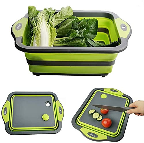 【Upgrade】D L D Collapsible Cutting Board with Colander Containers, Foldable Food Grade Silicone Dish Tub Chopping Board, Washing Basin Draining Basket Strainer for Home Kitchen Camping Picnic BBQ