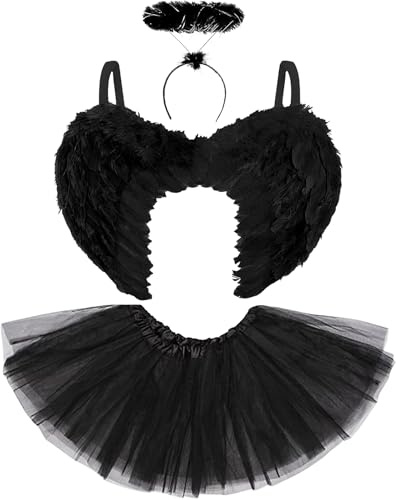 Dark Angel Costume Womens Halloween Outfit - Fallen Black Angel Wings and Halo with Tutu Halloween Costumes for Women - Dark Fairy Black Wings and Halo Adult Fancy Dress Accessories