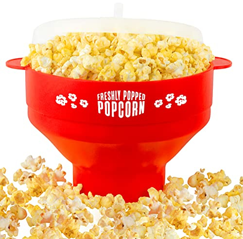 Silicone Microwave Popcorn Popper (Red) Air Popper Popcorn Maker No Oil Required, Collapsible Pop-Corn bowl with Lid, Reusable, BPA-Free, Dishwasher Safe