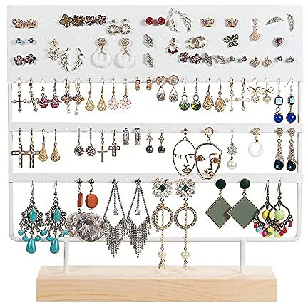 Homeanda Ohrring Organizer Schmuck Display Aufbewahrungsständer mit Holzsockel, Ohrring Display Stand, Ohrringhalter für hängende Ohrringe, 144 Löcher (Weiß)