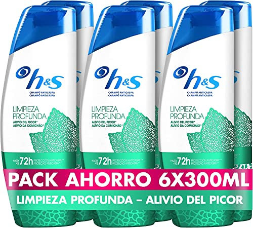 H&S Champú Anticaspa Limpieza Profunda Alivio Del Picor - Con Hierbabuena - Cabello Hasta Un 100% Libre De Caspa - 6x300 ml