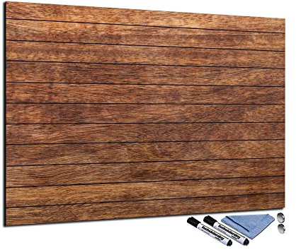 Glas-Magnettafel 70x100 cm Whiteboard Wand Beschreibbar Magnetisch Pinnwand Küche Office Büro mit Zubehör Wochenplaner Abwischbar Deko Memoboard Tafel Holz-Optik Braun