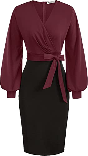 GRACE KARIN - Abito da donna da lavoro, Bodycon a matita, a maniche lunghe, per matrimoni, feste o per l’ufficio, con scollo a V, vinaccia-nero, XS