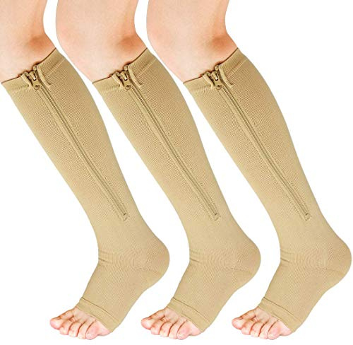 YUSHOW 3 Paar Kompressionsstrümpfe Damen und Herren Stützstrümpfe mit Reißverschluss Compression Socks Offenen Zehen Kompressionssocken für Ödeme, Laufen, Durchblutungsförderung