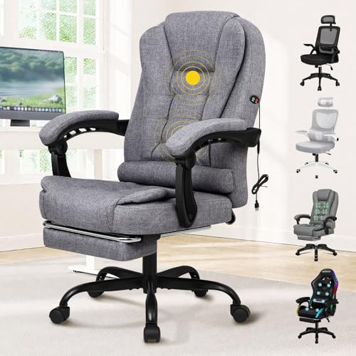 ELFORDSON Massage Office Chair for Home Office, Desk Chair 77 cm High Back 150° Recliner Tilt Function Padded Swivel Fabric, Grey