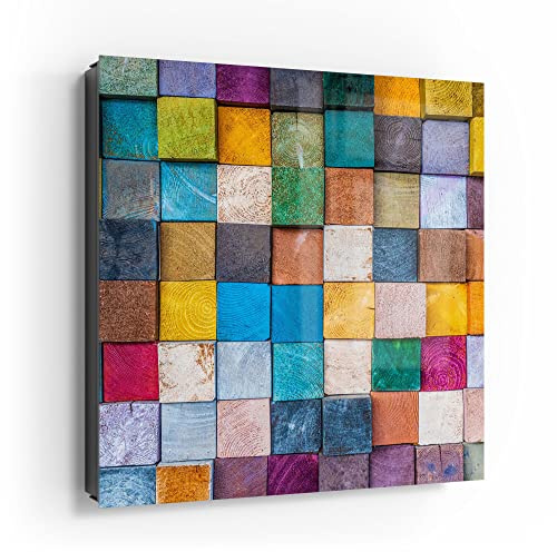 DEQORI Schlüsselkasten schwarz | 30x30 cm | Motiv Buntes Holzmosaik | Glas & Metall Schlüssel-Box | Schlüsselschrank mit 50 Haken + 2 Magnete | Moderne Box magnetisch & beschreibbar