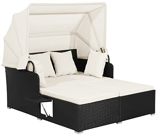 COSTWAY Garden Rattan Daybed, Patio 2 Seater Wicker Sun Bed Lounger with Retractable Canopy, Folding Side Tables and Cushions, Outdoor Double Conversation Furniture for Yard Lawn Poolside (Off White)