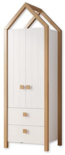 BEACH Babyzimmer Kleiderschrank - Vielseitiger Drehtürenschrank mit viel Stauraum in Kiefer Weiß, Birke Optik - 76 x 226 x 55 cm (B/H/T)