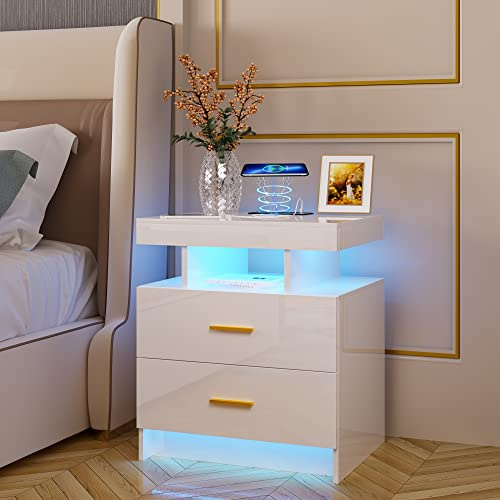 Lvifur Comodino a LED con stazione di ricarica wireless, comodino con sensore automatico, comodino con 2 cassetti e porta di ricarica USB/Type-C per soggiorno e camera da letto Bianco