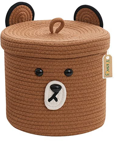 Yiuswoy Aufbewahrungskorb Bär Baumwollseilkorb Geflochtener Kleiner Wäschekorb Kinder Spielzeugkorb Babyzimmer Bad Deko Korb mit Deckel, 25 x 25 cm, Braun