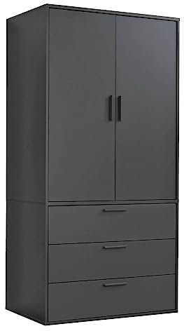 mokebo Kleiderschrank klein in Schwarz 2-türig & 3 Schubladen 'Der Grenzenlose', modularer Schlafzimmerschrank, Garderobenschrank, Flurschrank, Drehtürenschrank o. Schrank Holz in 90x187x58 (BxHxT)