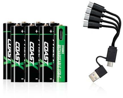 Coast AAA USB-C Rechargeable Batteries, ZITHION-X, Lithium Ion 1.5v 750 mAh, Long Lasting, Charges Under 1.3 Hours, Charging Cable Included, 8-Battery Pack