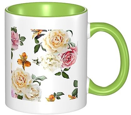 RFSHOP Tazza da caffè in ceramica, color crema, stile shabby chic, con rose, da viaggio, personalizzata, per tè, bevande, latte, per ufficio e casa