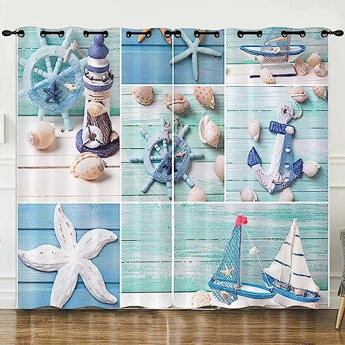 Vorhänge Blickdicht Mit Ösen 3D Seestern-Muschel-Leuchtturm Muster Verdunkelungsvorhang Wohnzimmer Schlafzimmer Küche Fenstergardinen 300 X 280 cm Ösenvorhang 2Er Set Dekoschals Vorhänge -3O4I-H9G
