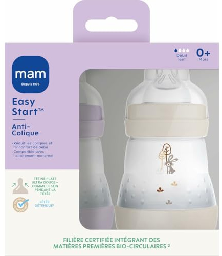 MAM | Lot de 2 biberons Easy Start Anti-Colique 0+ mois débit lent (2 x 160 ml) Lilas + Sable – Biberon pour réduire les coliques et l'inconfort de bébé – Biberon bébé compatible avec l'allaitement