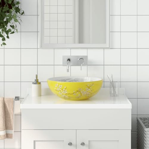 Gecheer Lavabo da Appoggio Bianco e Giallo Rotondo Φ41x14 cm Ceramica,Lavello per Bagno,Lavabo Bagno,Lavandino da Appoggio,Lavabo in Ceramica,Lavabo Rotondo,Lavandino Rettangolare