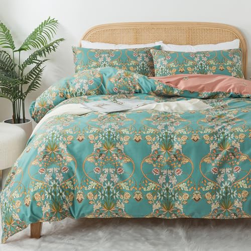 Zusbest Boho Duvet Cover Set King Size 100% Cotton Floral Bohemian Comforter Cover Teal Green Printed Reversible Orange Bedding Luxury Crisp Soft French Country Bedding 3Pcs, King