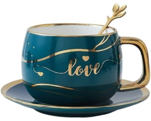 MAGICVOGEL Tasse à café à bord doré avec soucoupe et cuillère - 280 ml - En porcelaine - Tasse à café - Tasse à thé - Tasse à expresso - Tasse à moka européenne - Tasse à cappuccino - Tasse de