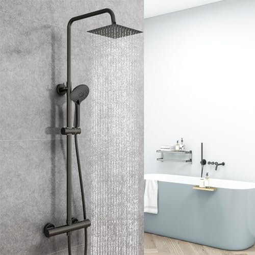 AICA Colonna Doccia con Miscelatore Termostatico, Rubinetto Doccia Soffione Doccia Quadrato in Acciaio Inox 20x20cm, Doccetta Tonda da 108mm, Altezza Regolabile 735-1170mm, Set Doccia Completo Nero
