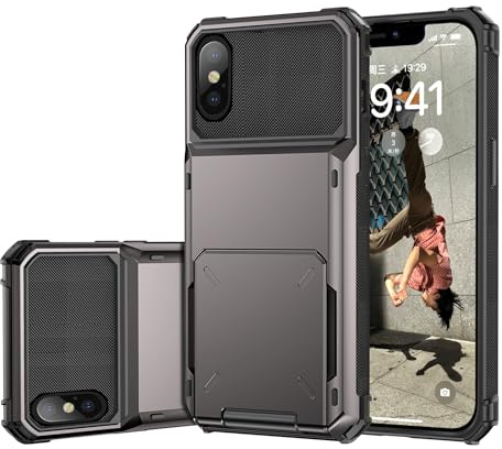 Draamvol iPhone X/XS Case with Card Holder Slots Armor Shockproof Flip Wallet Case Hard PC Back Soft TPU Inner Bumper Cover for iPhone X/iPhone XS, Grey